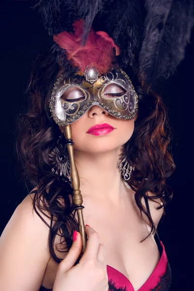 Masquerade. Sexy woman with Carnival mask on face — Stock Photo, Image