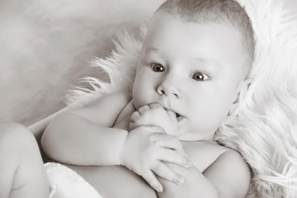 Primer plano de retrato pequeño bebé dulce, mirando hacia arriba, negro y — Foto de Stock