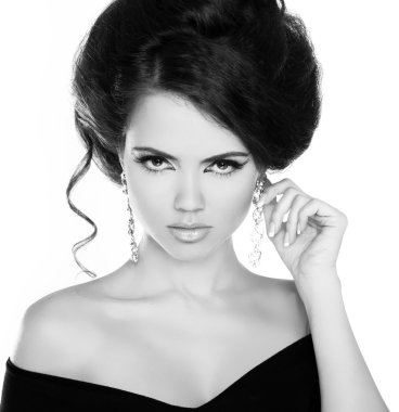 Portrait of young beautiful woman with jewelry, black and white clipart