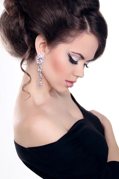 Beautiful Brunette Girl with hairstyle and make up isolated on w — Stock Photo, Image