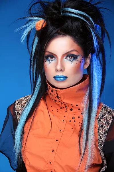 Makeup. Punk Hairstyle. Close up portrait of Rock girl with Blue — Stock Photo, Image