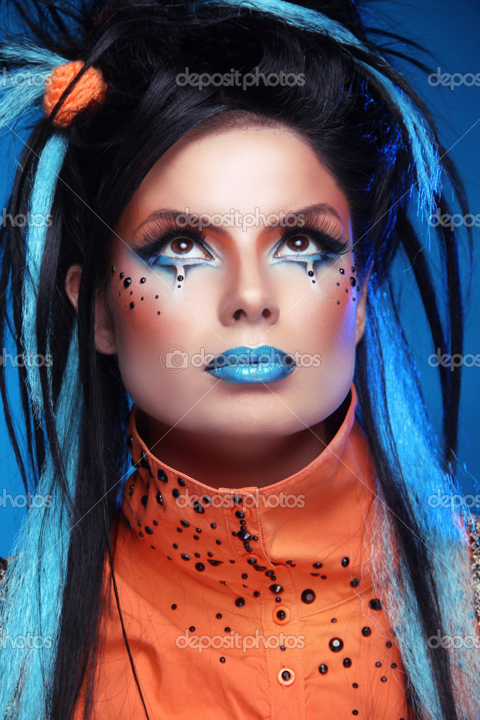 Makeup Punk Hairstyle Close Up Portrait Of Rock Girl With Blue
