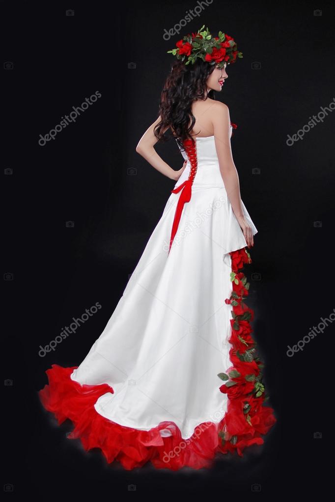 White gown with red roses cheap