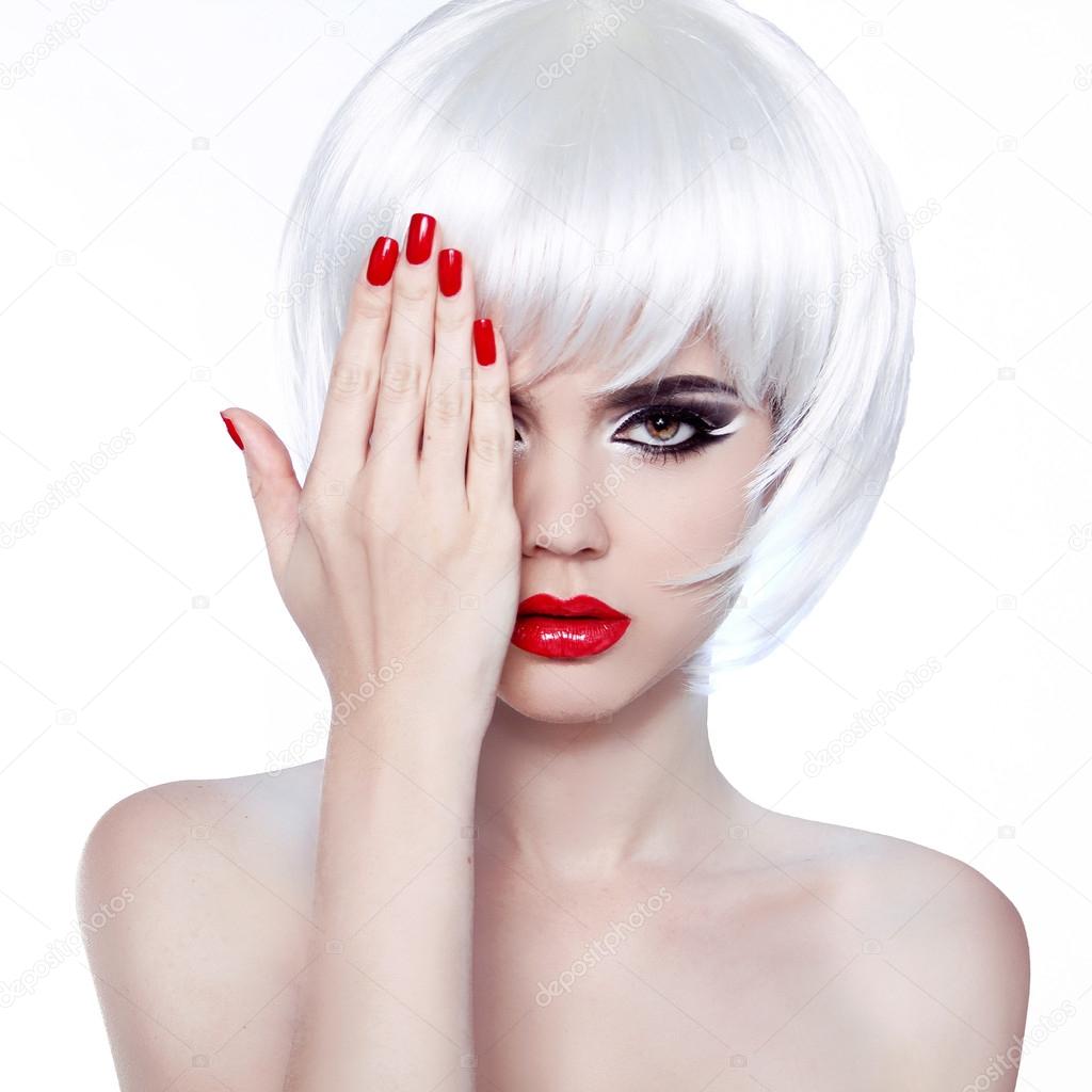 White Hair and Red Nails. Fashion Beauty Girl. Red lips. Manicur