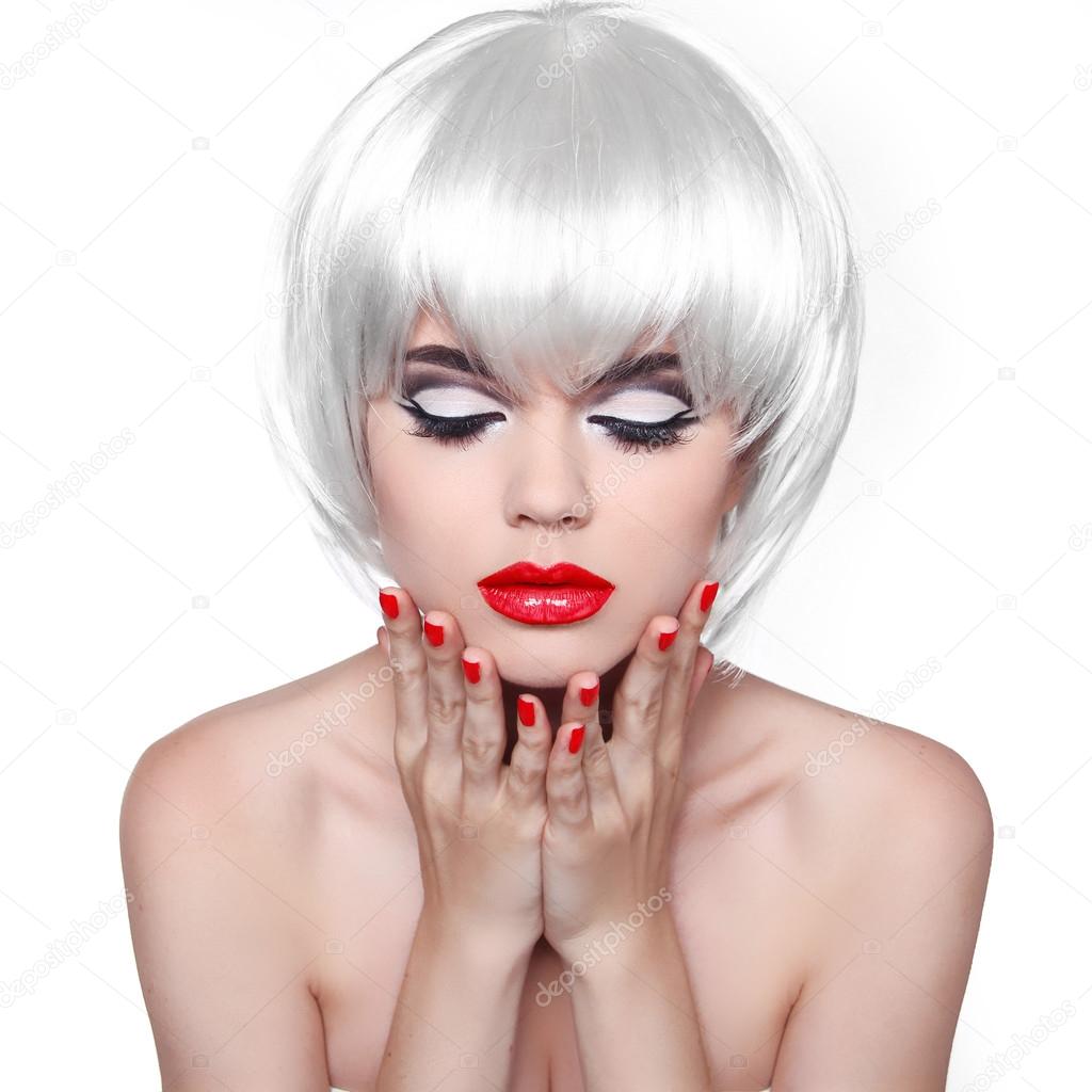 Makeup and Hairstyle. Red Lips and Manicured Nails. Fashion Beau