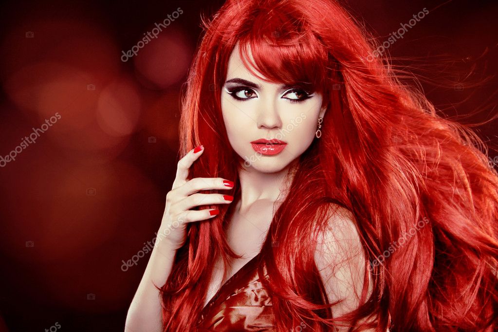 Coloring Red Hair. Fashion Girl Portrait With Long Curly Hair ov ...