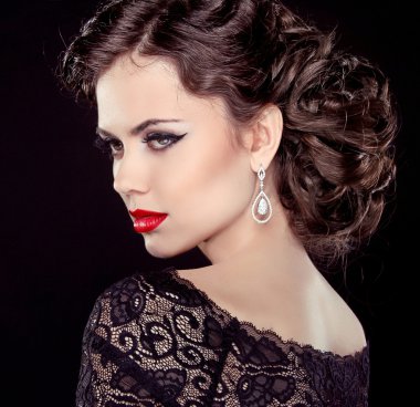 Fashion Brunette Model Portrait. Jewelry and Hairstyle. Elegant clipart