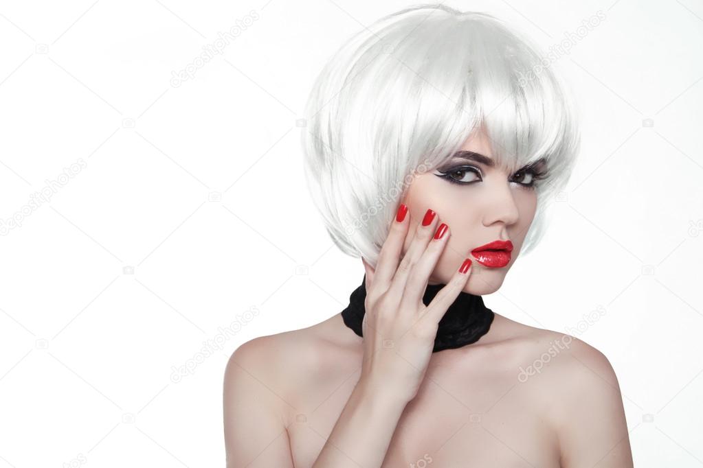 Woman Makeup and Polish nails. Red Lips and Manicured Hands. Fas