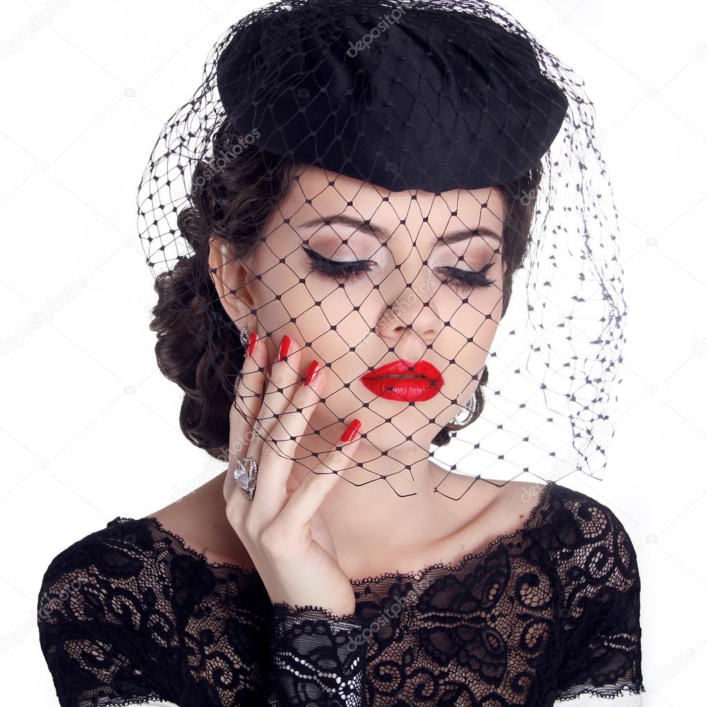 Retro woman portrait in hat isolated on white background. Makeup