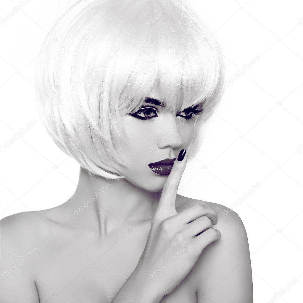 Fashion Style Beauty Woman Portrait with White Short Hair. Black