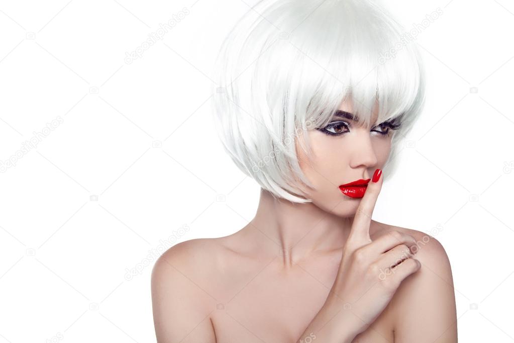Woman's secret. Sexy blond model girl with White Short Hair isol