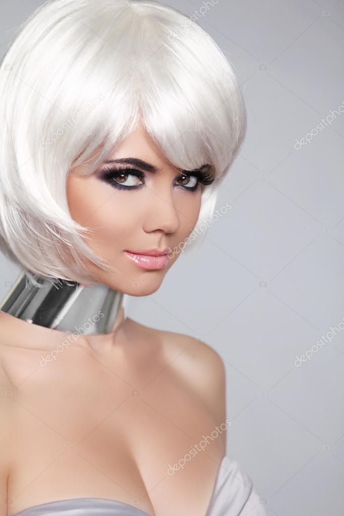 Fashion Beauty Portrait Woman White Short Hair Beautiful