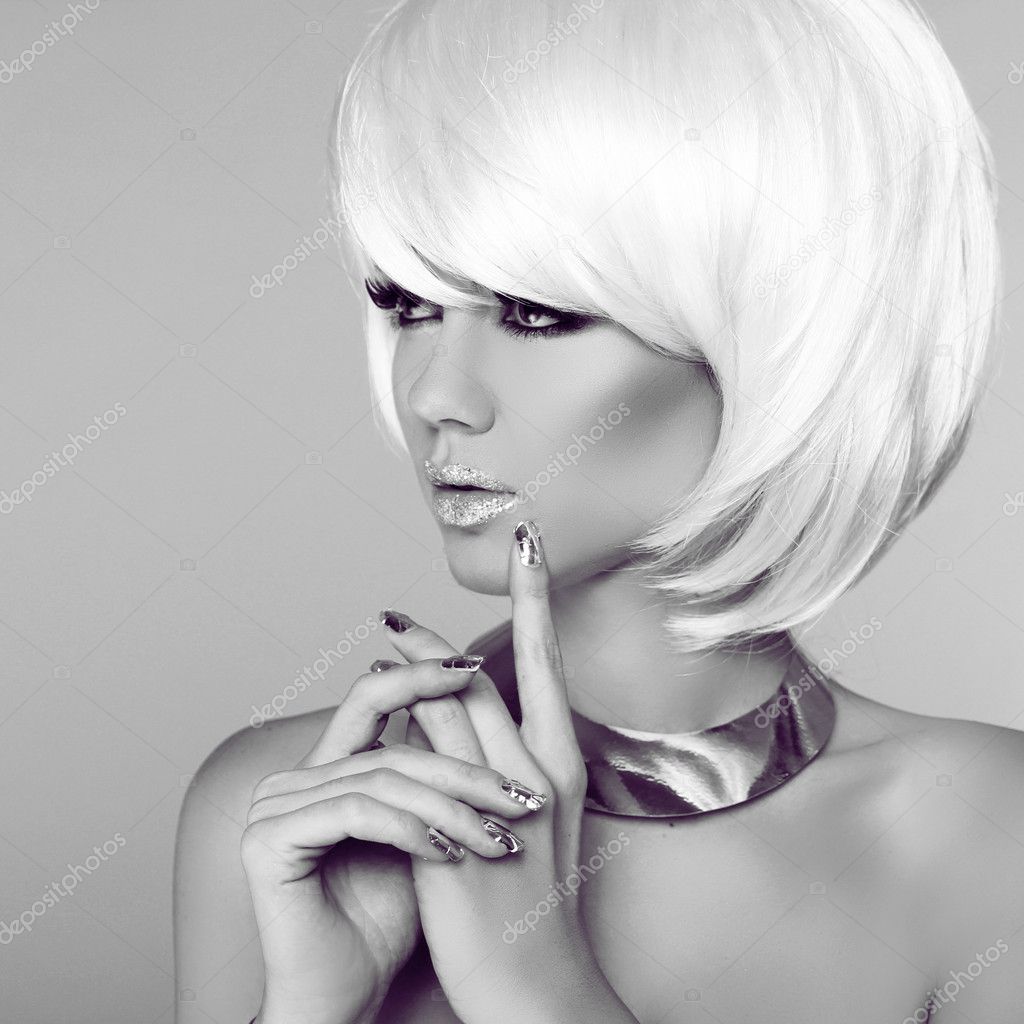 Fashion Blond Girl. Beauty Portrait Woman. White Short Hair. Man