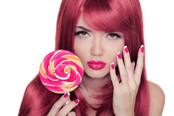 Beauty Girl Portrait holding lollipop with Colorful Makeup, Colo — Stock Photo, Image