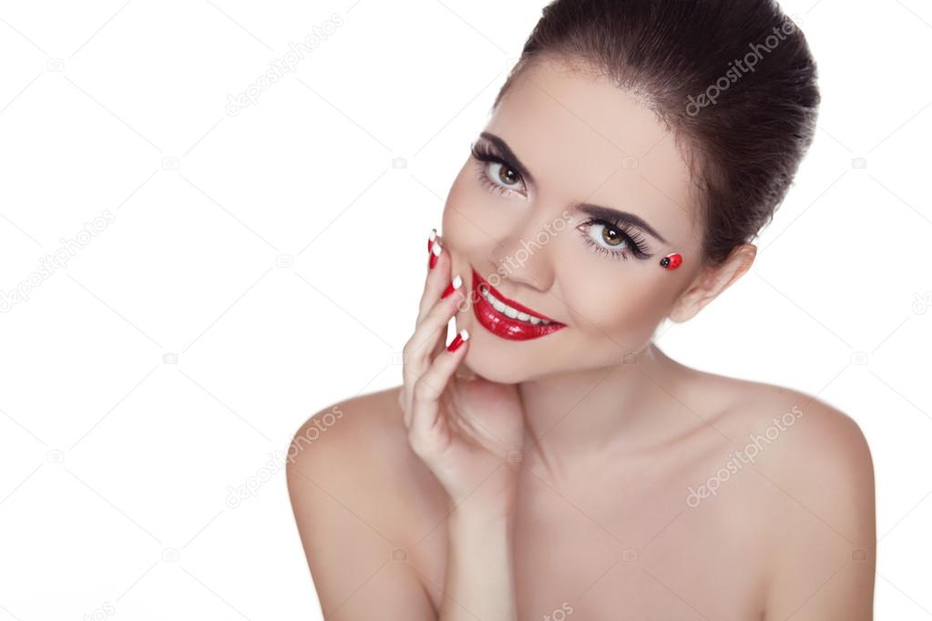 Beauty Girl Portrait with Colorful Makeup, Red Lips, Manicured N