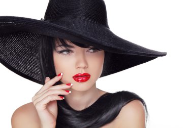 Güzellik moda stil moda model kız siyah şapka. manikürlü na