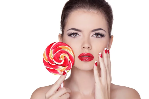 Fashion make up. Beauty Girl Portrait holding Colorful lollipop. — Stock Photo, Image