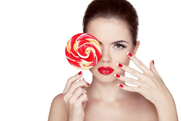 Fashion makeup. Beauty Girl Portrait holding Colorful lollipop. — Stock Photo, Image