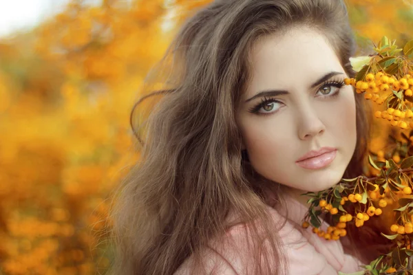 Autumn Girl Portrait. Hermosa mujer joven sobre hojas amarillas i —  Fotos de Stock