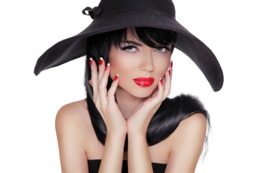 seksi moda esmer kadın portre siyah şapkalı wh izole