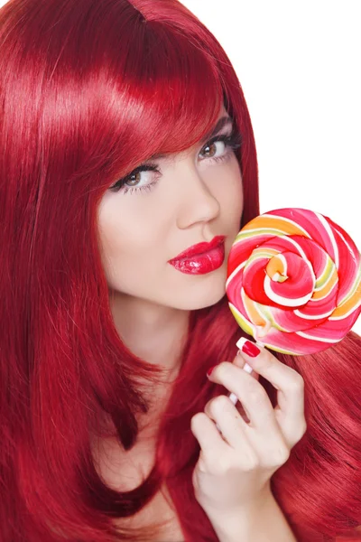 Coloring Hairstyle. Beauty Girl Portrait holding Colorful lollip — Stock Photo, Image