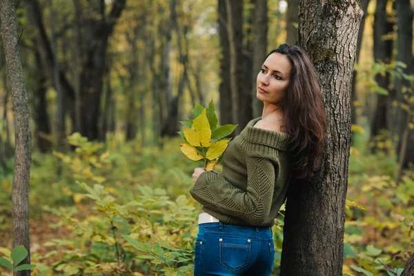 Tyttö syksyllä metsässä — kuvapankkivalokuva