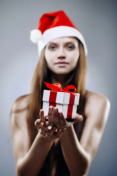 Santa girl with gift box — Stock Photo, Image