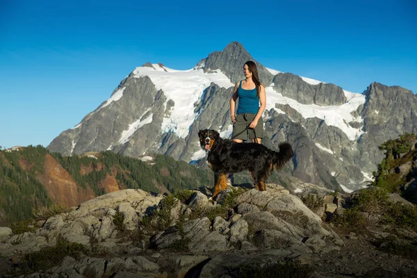 Vackra kvinnor gå med hunden i bergen. — Stockfoto