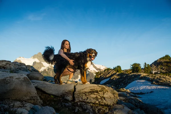 Beautiful Women Walking Dog in Mountains. — Stock Photo, Image