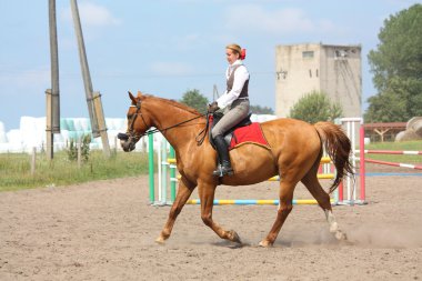 güzel genç sarışın kadının kestane at binme