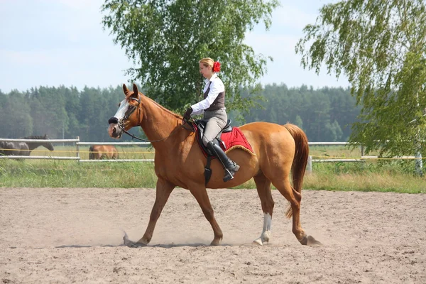 Beautiful young blonde woman riding chestnut horse — Stock Photo, Image