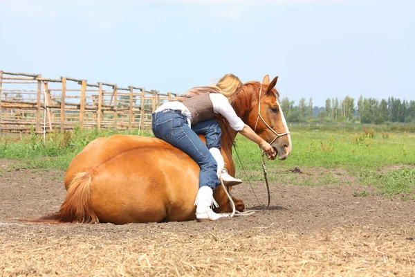 Junge blonde Frau sitzt auf dem liegenden Pferd — Stockfoto