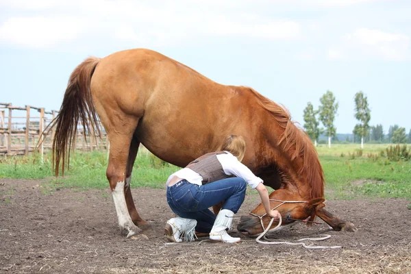 Mujer rubia joven pidiendo castaño caballo a la proa — Foto de Stock