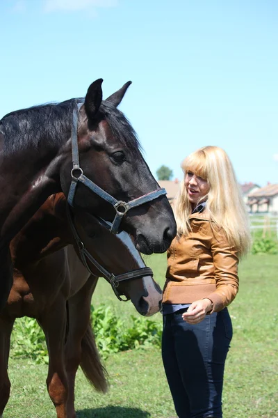 Blondýnka a černém koni — Stock fotografie