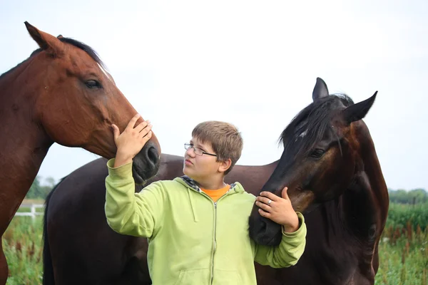 Мальчик-подросток и лошади из стада — стоковое фото