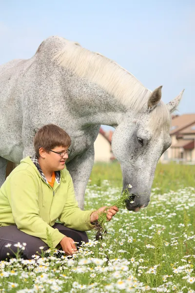 幸せな 10 代の少年と、フィールドでの白い馬 — ストック写真