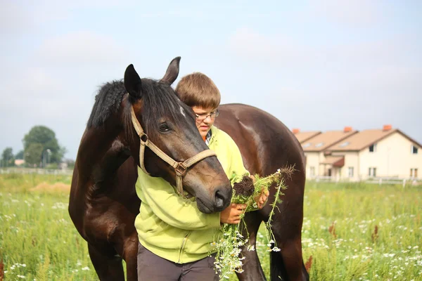 Genç çocuk alanı, atları ile gülümseyen — Stok fotoğraf