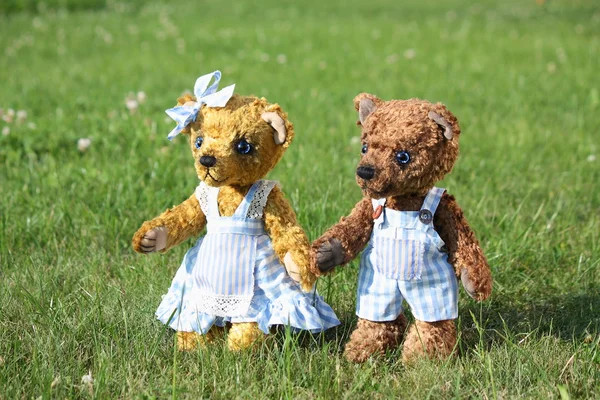 Two teddy bears romance in the garden — Stock Photo, Image