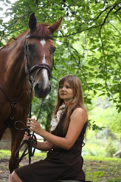 Chica joven sentada en el banco y caballo castaño de pie cerca — Foto de Stock