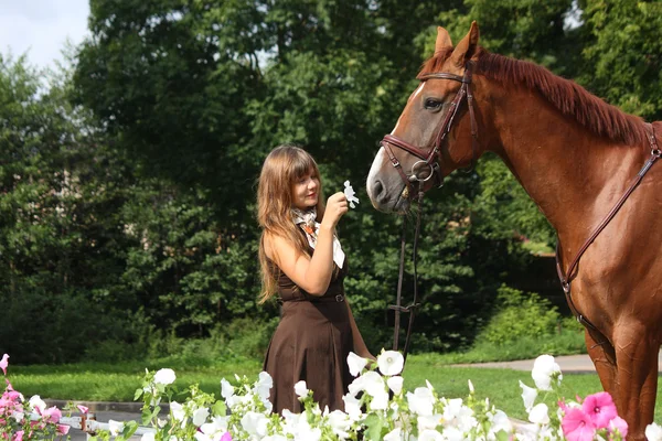 Menina bonita em vestido e cavalo retrato perto do canteiro de flores — Fotografia de Stock