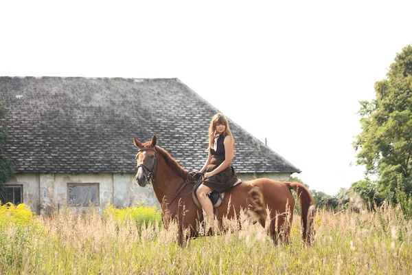 Jovem e castanha cavalo retrato perto do celeiro — Fotografia de Stock