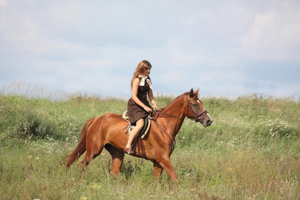 Beautiful teenage girl riding horse at the field — Stock Photo, Image