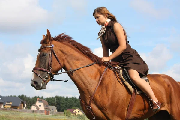 Bela adolescente cavalgando cavalo no campo — Fotografia de Stock