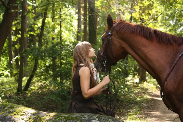 Hermosa chica y retrato de caballo marrón en el bosque misterioso —  Fotos de Stock