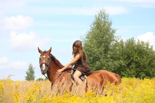 Beautiful teenager girl riding horse at the field of flowers — Stock Photo, Image