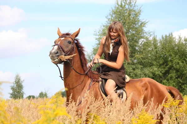 Schöne Teenager-Mädchen Reiten Pferd auf dem Feld der Blumen — Stockfoto