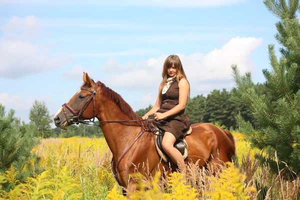 花の分野で馬に乗って美しい 10 代の女の子 — ストック写真