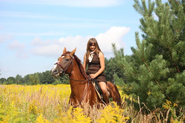 Beautiful teenager girl riding horse at the field of flowers — Stock Photo, Image