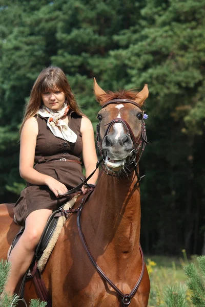 Girl in dress and brown horse portrait in forest Royalty Free Stock Images