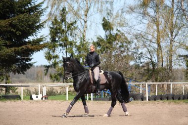 sarışın kadın binicilik siyah at